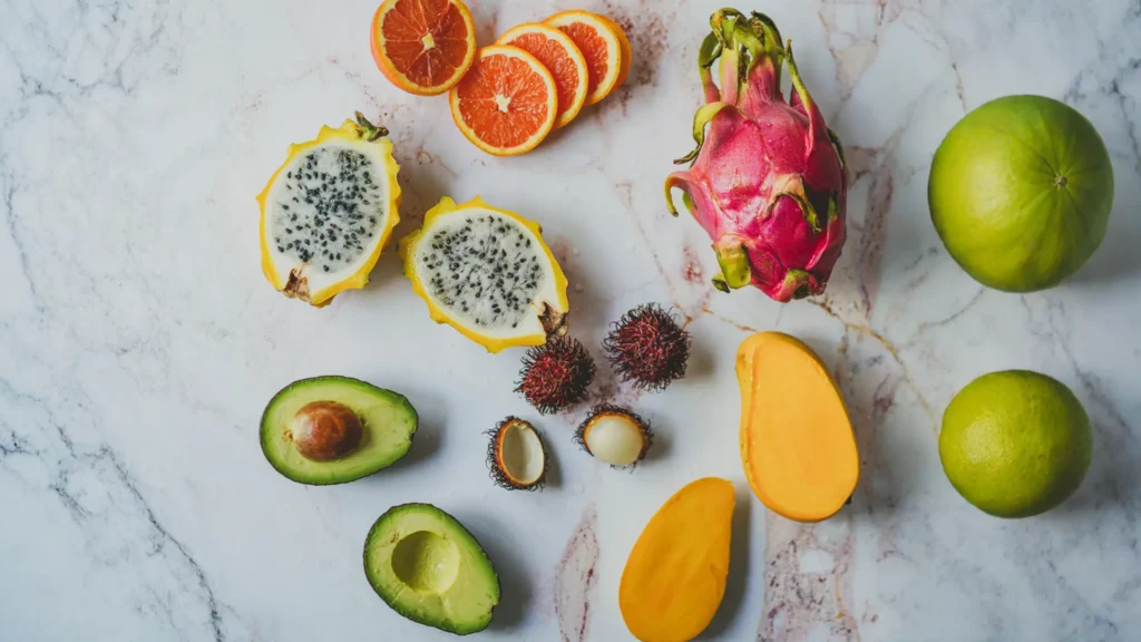 Imagen de varias frutas exóticas dispuestas sobre una mesa.
