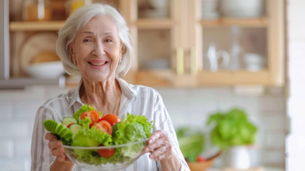 anciana sosteniendo un plato de ensalada y tomates