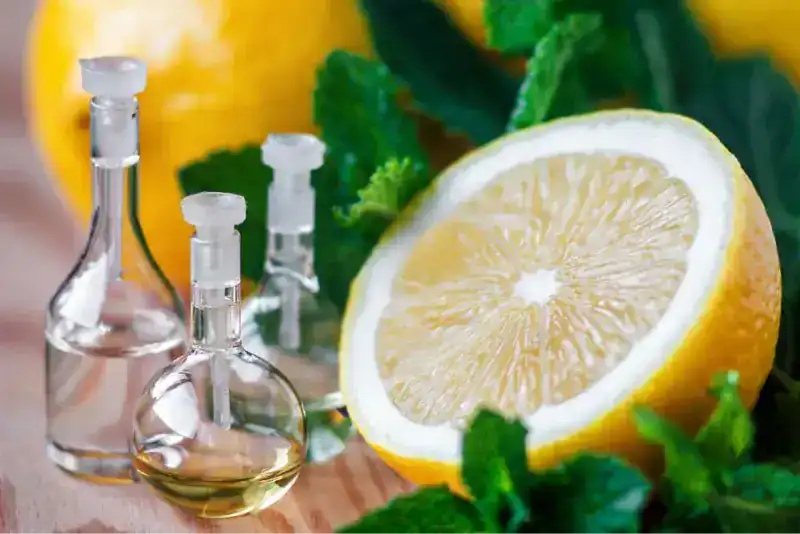 Limón amarillo cortado por la mitad junto a hojas de menta fresca y pequeñas botellas de cristal con aceite esencial, sobre una superficie de madera
