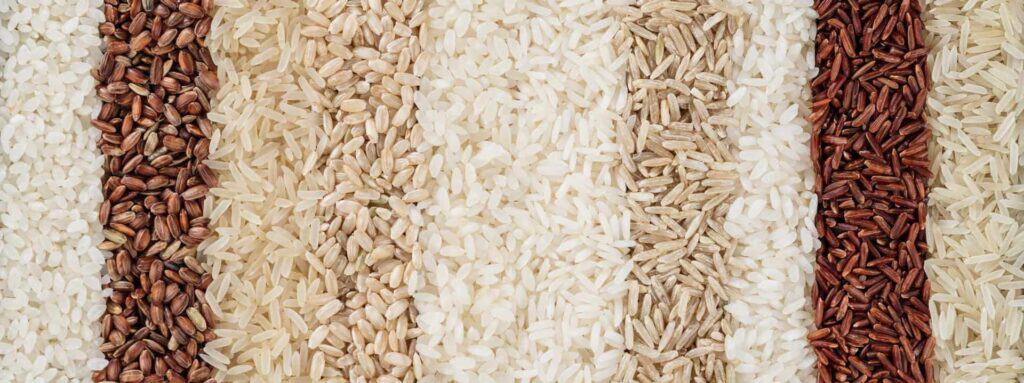 Detalle de los distintos tipos de granos de arroz vistos desde arriba.