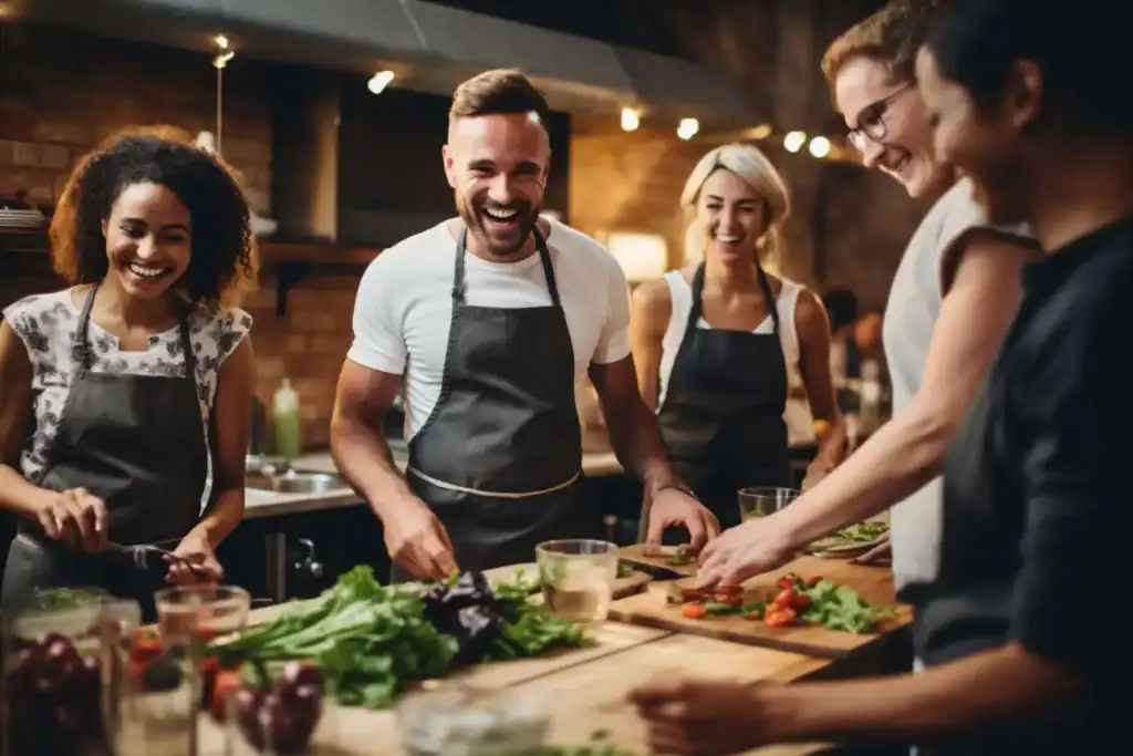Grupo de amigos sonriendo mientras cocinan juntos con verduras frescas, beneficios de la alimentación a base de plantas