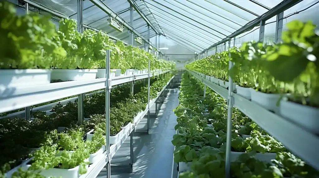 Invernadero de cultivo hidropónico con hileras de plantas verdes en estanterías, ejemplo de agricultura sostenible
