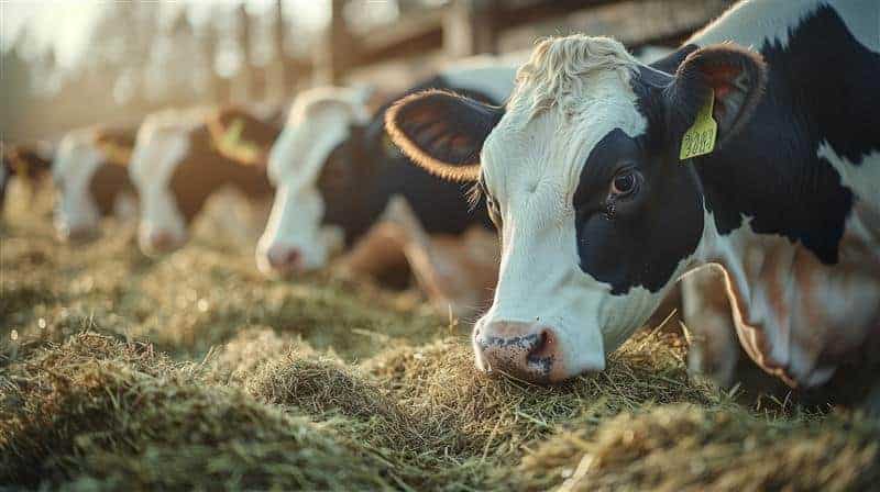 Vacas lecheras blancas y negras comiendo heno en una granja, ejemplo de ganadería y su huella hídrica